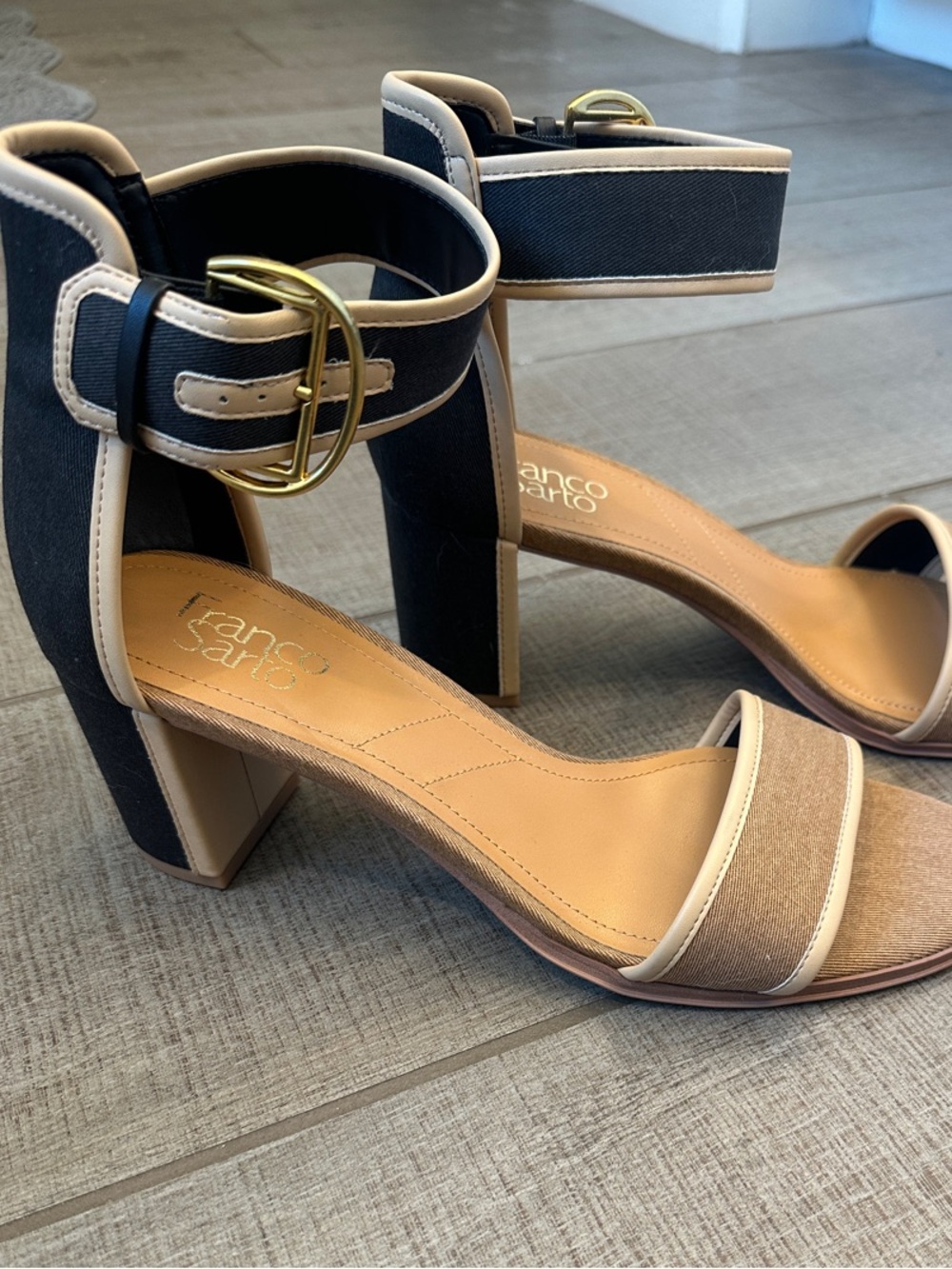 Franco Sarto Brooklyn Two-Tone Block Heel in Dark Brown and Beige